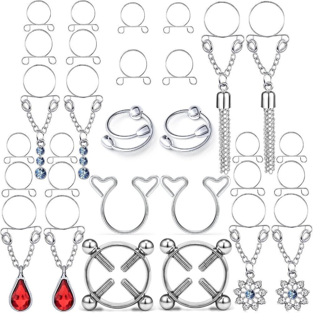 Fake Nipple Rings Stainless Steel Silver Tone 7 Pairs Adjustable Non-permanent